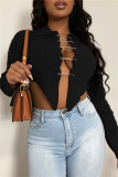 Black Sexy Casual Solid Cardigan Asymmetrical Turndown Collar Tops