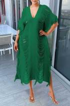 Green Sexy Solid Tassel Hollowed Out Patchwork V Neck Beach Dress Dresses