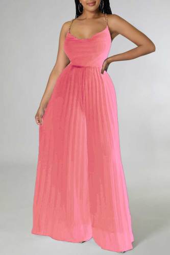 Pink Elegant Solid Patchwork Backless Fold Straight Jumpsuits