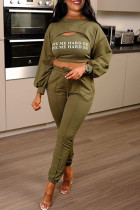 Army Green Casual Letter Print Hollowed Out Patchwork O Neck Long Sleeve Two Pieces