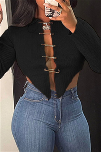 Black Sexy Casual Solid Cardigan Asymmetrical Turndown Collar Tops
