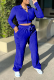 Blue Sexy Solid Patchwork Turndown Collar Long Sleeve Two Pieces