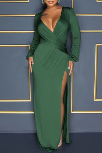 Green Sexy Solid Patchwork Slit V Neck Straight Dresses