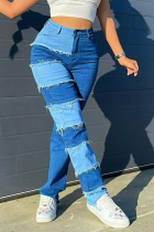 Blue Casual Solid Patchwork Mid Waist Skinny Denim Jeans