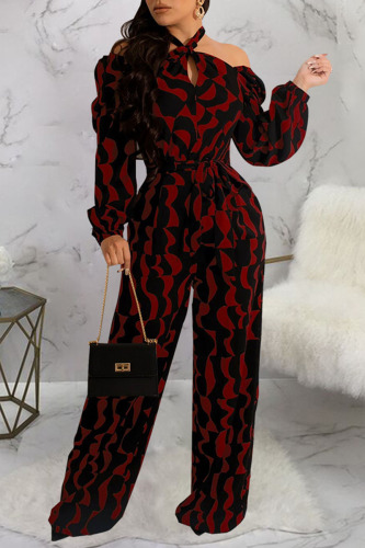 Burgundy Casual Print Patchwork Halter Jumpsuits