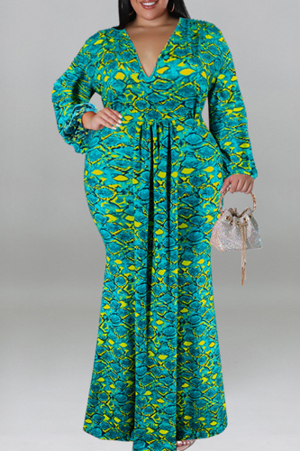 Green Casual Print Patchwork V Neck Long Sleeve Plus Size Dresses