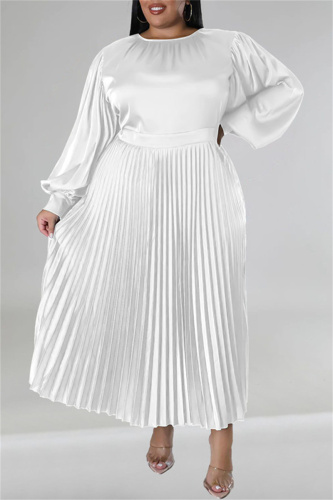 White Casual Solid Patchwork Fold O Neck Pleated Plus Size Dresses