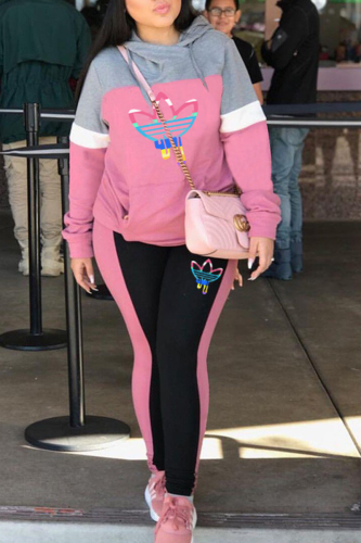 Pink Street Print Patchwork Hooded Collar Long Sleeve Two Pieces