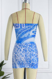 Blue Sexy Print Patchwork Strapless Sleeveless Two Pieces
