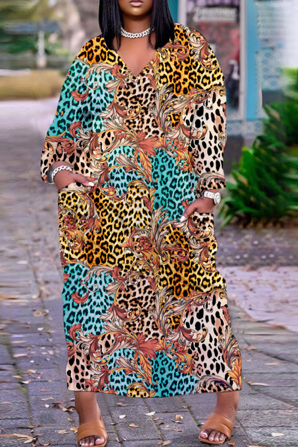 Leopard Print Casual Print Patchwork V Neck Straight Dresses