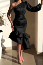 Black Elegant Solid Patchwork Flounce Asymmetrical Oblique Collar Dresses