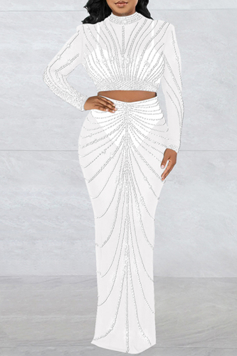 White Black Hot Drilling Sheer Long Sleeve Crop Top and Maxi Skirt Formal Party Glitter Two Piece Dress Set