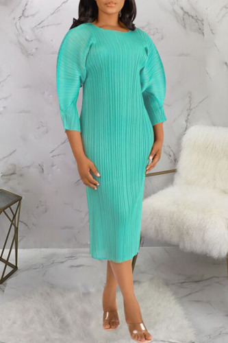 Light Green Casual Solid Patchwork Fold O Neck Straight Dresses