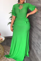 Green Casual Solid Bandage Patchwork O Neck Straight Dresses