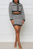 Black White Sexy Print Patchwork Buckle Long Sleeve Two Pieces