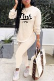 Cream White Street Print Letter O Neck Long Sleeve Two Pieces