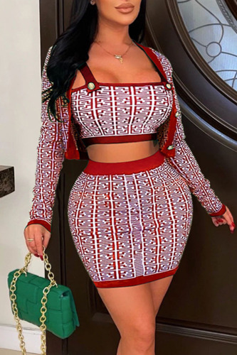 Burgundy Sexy Print Patchwork Buckle Long Sleeve Two Pieces