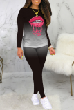 Grey Casual Gradual Change Lips Printed Patchwork O Neck Long Sleeve Two Pieces