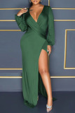 Green Sexy Solid Patchwork Slit V Neck Straight Dresses