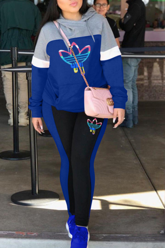 Blue Street Print Patchwork Hooded Collar Long Sleeve Two Pieces