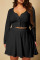 Black Casual Solid Patchwork Buckle Plus Size Two Pieces