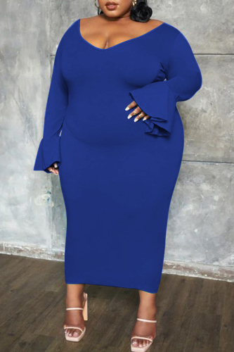 Blue Casual Solid Patchwork V Neck Long Sleeve Plus Size Dresses