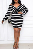 White Casual Striped Print Patchwork V Neck Pencil Skirt Plus Size Dresses