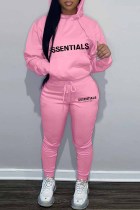 Pink Street Print Letter Hooded Collar Long Sleeve Two Pieces