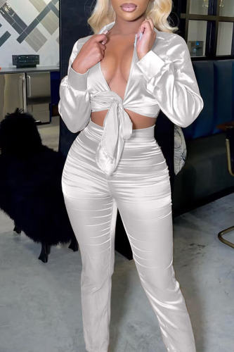 White Sexy Solid Bandage Patchwork Turndown Collar Long Sleeve Two Pieces