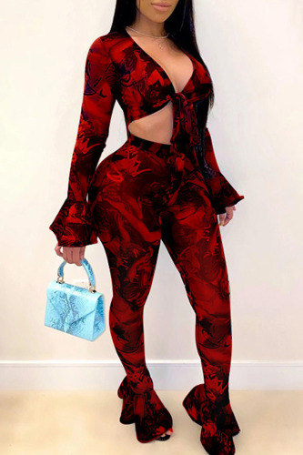 Red Sexy Print Bandage Patchwork See-through V Neck Long Sleeve Two Pieces