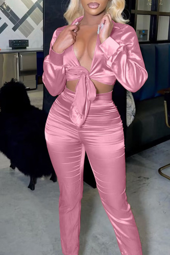 Pink Sexy Solid Bandage Patchwork Turndown Collar Long Sleeve Two Pieces