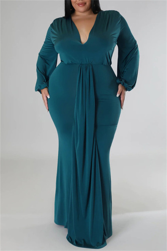 Green Casual Solid Patchwork V Neck Long Sleeve Plus Size Dresses