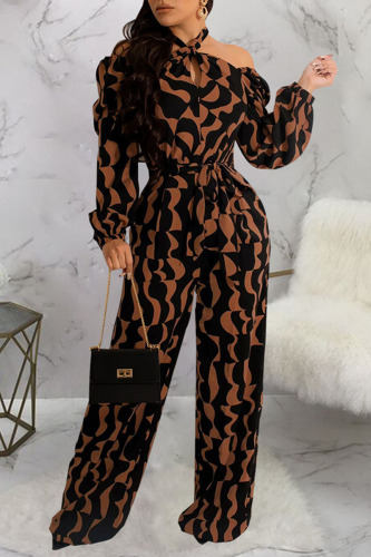 Coffee Casual Print Patchwork Halter Jumpsuits