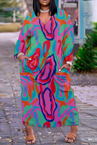 Purple Casual Print Patchwork V Neck Straight Dresses