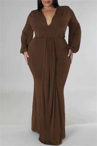 Coffee Casual Solid Patchwork V Neck Long Sleeve Plus Size Dresses