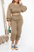 Khaki Solid Patchwork O Neck Long Sleeve Two Pieces