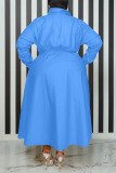 Lake Blue Casual Solid Patchwork Buckle Turndown Collar Shirt Dress Plus Size Dresses