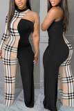 Khaki Sexy Plaid Print Patchwork Printing O Neck Regular Jumpsuits