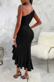 Black Street Solid Flounce One Shoulder Irregular Dress Dresses
