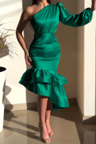 Green Elegant Solid Patchwork Flounce Asymmetrical Oblique Collar Dresses