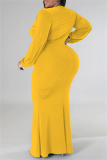 Yellow Casual Solid Patchwork V Neck Long Sleeve Plus Size Dresses