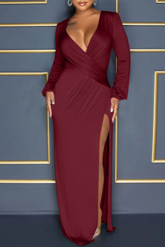 Burgundy Sexy Solid Patchwork Slit V Neck Straight Dresses