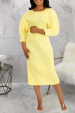 Light Yellow Casual Solid Patchwork Fold O Neck Straight Dresses