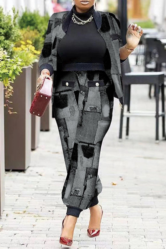 Dark Gray Fashion Casual Print Patchwork Long Sleeve Two Pieces