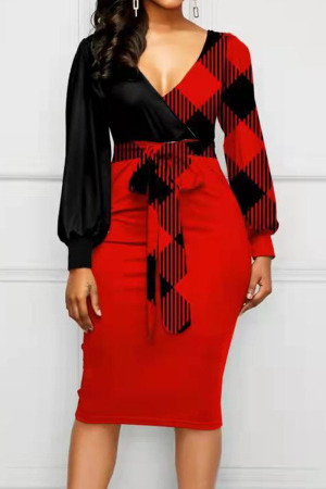 Red Casual Print Patchwork With Bow V Neck One Step Skirt Dresses