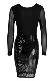 Coffee Sexy Solid Embroidered Sequins Patchwork U Neck Dresses