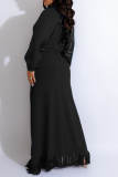 Black Casual Solid Tassel Slit Turndown Collar Long Sleeve Two Pieces