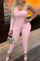 Pink Sexy Casual Solid Patchwork Backless Asymmetrical One Shoulder Long Sleeve Two Pieces