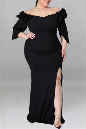 Black Fashion Sexy Plus Size Solid Patchwork Slit Off the Shoulder Evening Dress