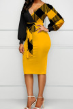Yellow Casual Print Patchwork With Bow V Neck One Step Skirt Dresses